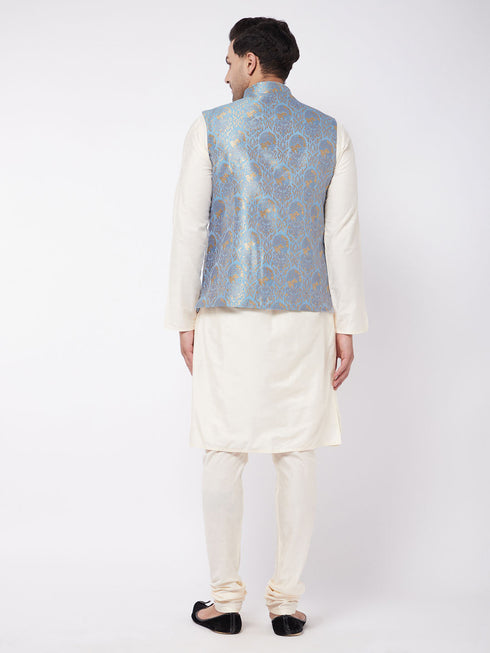 Vastramay Men's Viscose Cream Kurta And Pyjama With Grey Woven Nehru Jacket
